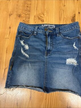 RUBBERBAND Stretch Distressed Denim Mini Skirt - Medium Blue Wash